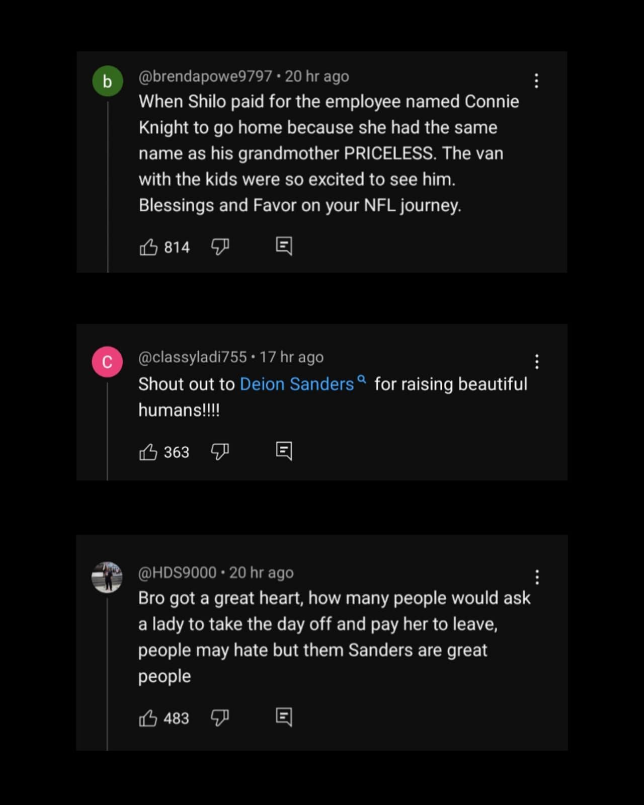 Comment section of Shilo Sanders' YouTube video